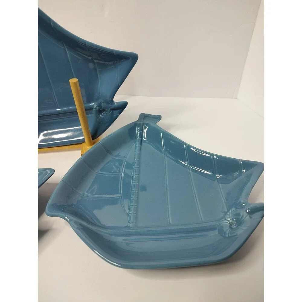 Baum Bros Style Eyes Blue Sailboat Ceramic Accent Salad Plates 8.5